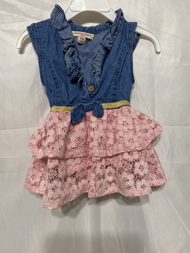 Nanette kids Girl Sleeveless Denim (Jean) Vested Dress W/ Pink Ruffles ...