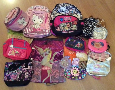 Mädchen Rucksack und Taschenpaket, Monster High, Hello Kitty, 20 Teile,wie Neu 