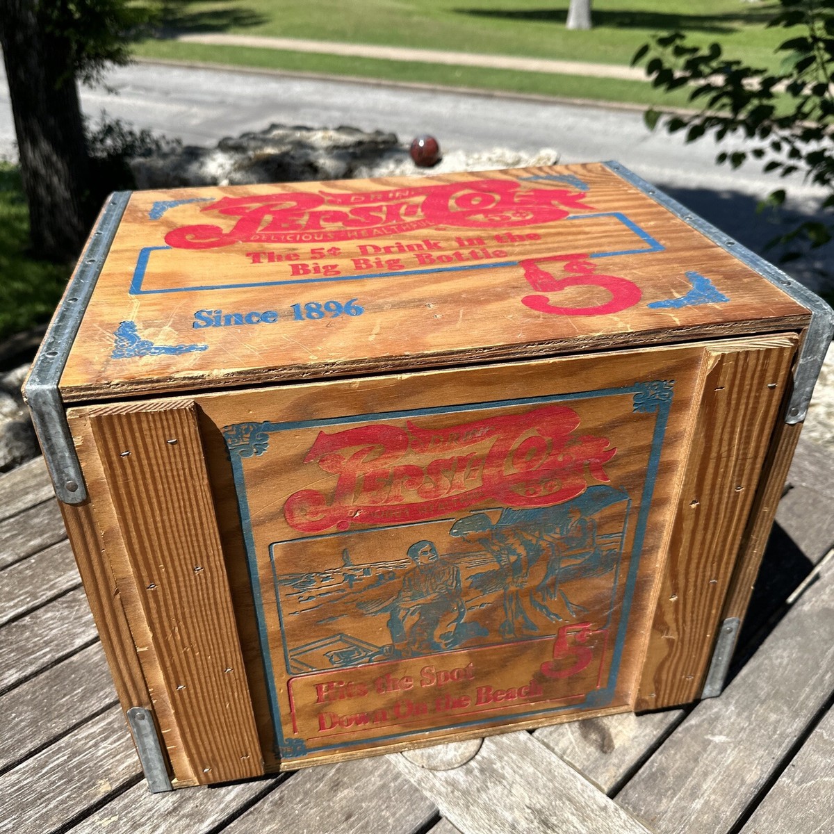 ORIGINAL PEPSI-COLA Wooden Advertising Crate w/ Lid 5 Cent Vintage
