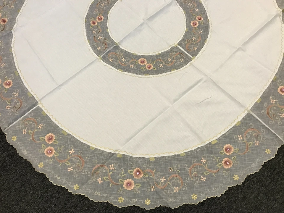 Mantel bordado hecho a mano de piedra rosa del Rin 70" redondo tela blanca Foto 3 de 4