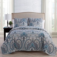3-Piece Blue Damask 100 Microfiber Quilt Set Super-soft Full/Queen Adult Unisex