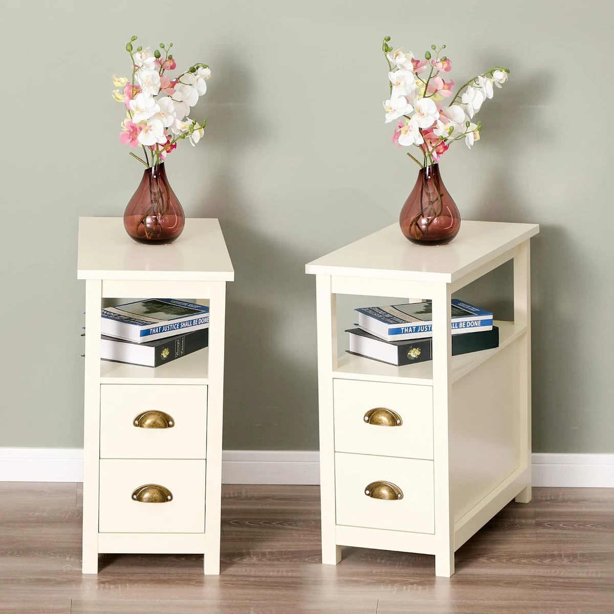 2 1 PCS Chairside End Table with 2 Drawer and Shelf Narrow Stand for Living Room