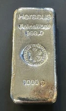 Vintage Heraeus 1 Kilo (32.151 oz) .999 Fine Silver Bar, No serial Number