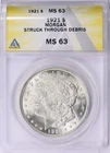 1921 Morgan Silver Dollar ANACS MS-63 Struck Through Debris Thru Mint Error