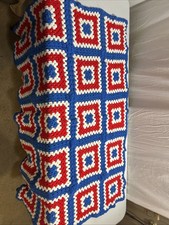 Hand Crocheted Granny Red White  Blue 53" X 42" Afghan Lap Blanket Throw 750-2