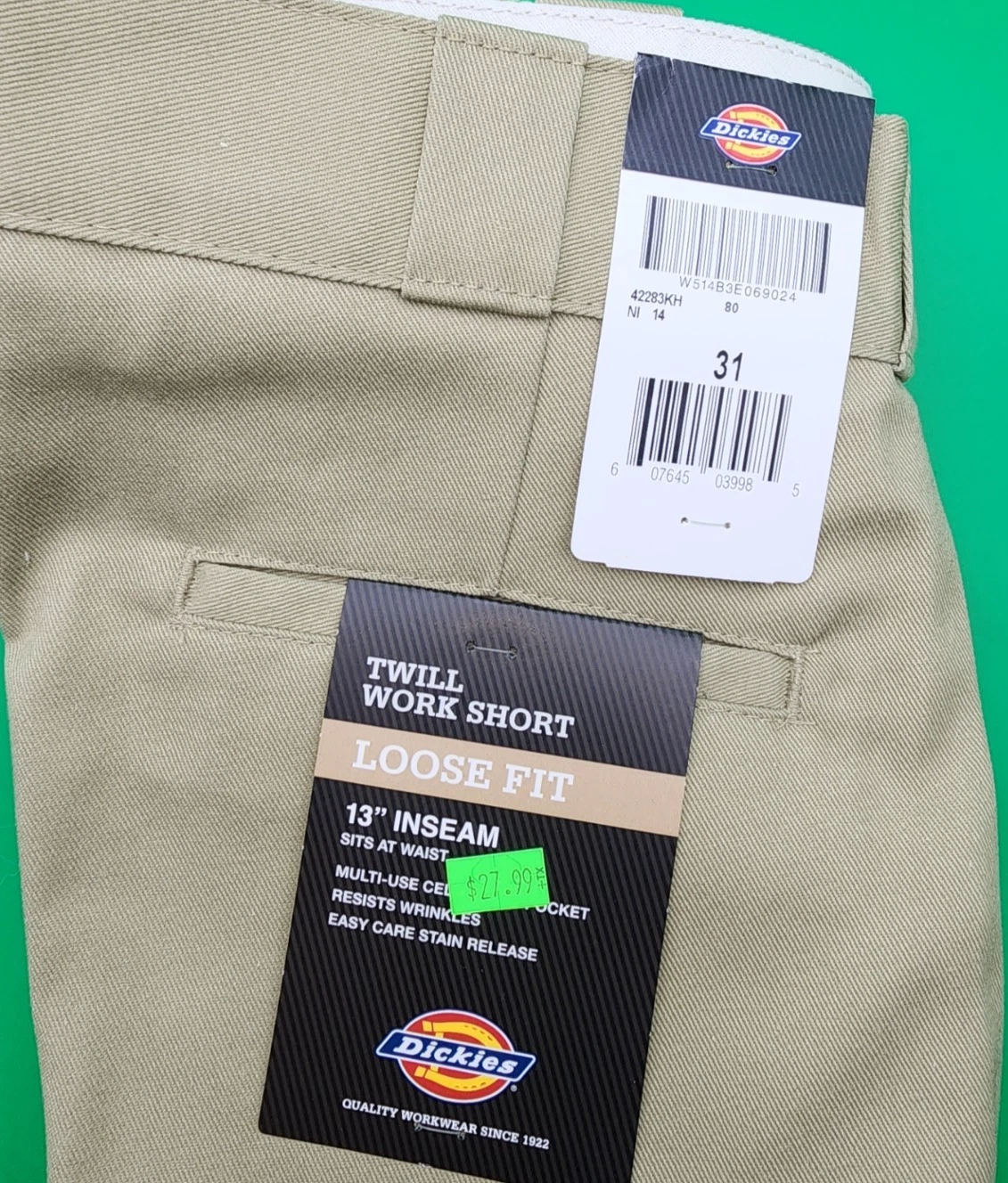 Dickies Men’s Loose Fit Flat Front 13” Work Shorts in Khaki 42283KH - 31 waist