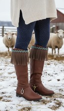 NEW Western Women Winter Boot Toppers Brown Faux Leather Fringe Knee Turquoise