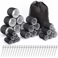 24pc Self Grip Hair Roller Set with Clips & Bag 4 Sizes No Heat Curlers