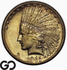 1911 Gold Eagle, $10 Gold Indian, Uncirculated Details, Cartwheel Luster!