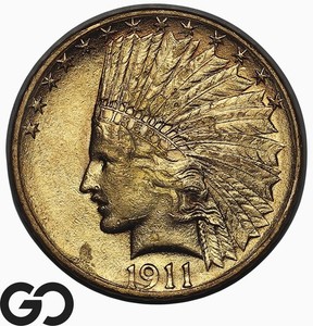 1911 Gold Eagle, $10 Gold Indian, Uncirculated Details, Cartwheel Luster!