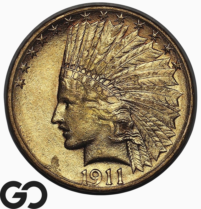 1911 Gold Eagle, $10 Gold Indian, Uncirculated Details, Cartwheel Luster!