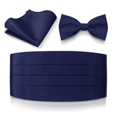 Mens Satin Cummerbund Bowtie Hanky set, 4 Pleat, Large Variety of Solid Navy