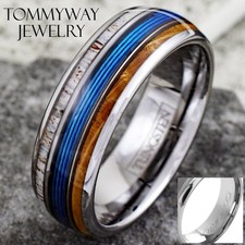 Engraved Tungsten Mens Ring Blue Fishing Line-Whiskey Barrel Wood  Deer Antler