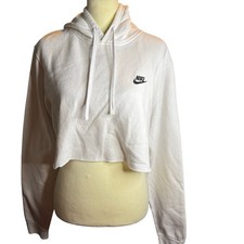 Nike White Cropped Hoodie, Raw Hem Pullover Sweatshirt, Women's Large