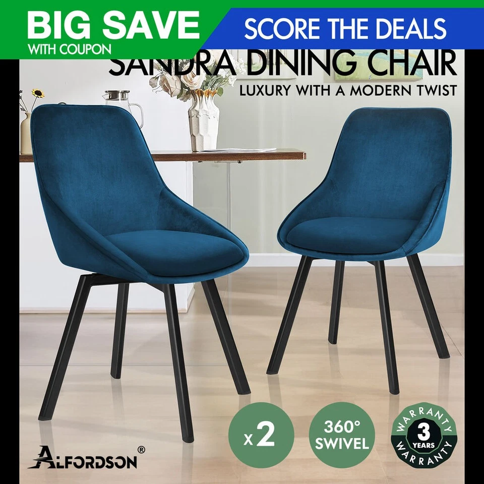 ALFORDSON 2x Dining Chairs Accent Kitchen Swivel Lounge Padded Seat Velvet Blue