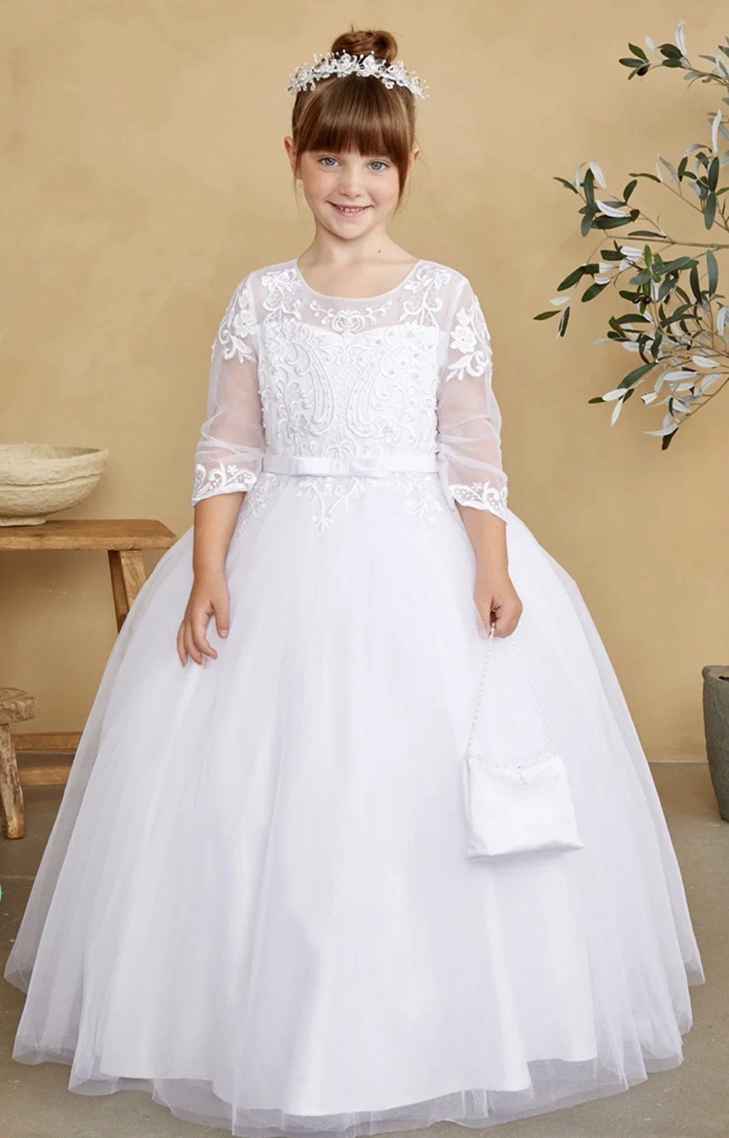 Tip Top Kids Girls White Floral Lace Ball Gown Dress 3/4 Sleeve Formal Party 6