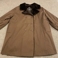 VTG Brown Coat Mens Large Faux Fur Collar Double Breasted Overcoat