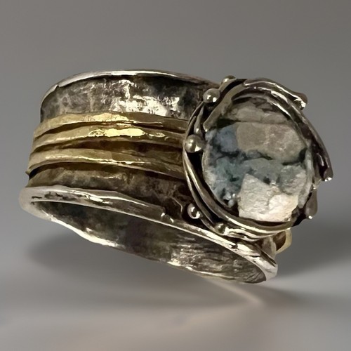 PAZ Israel Sterling Silver 925 Antique Roman Glass Fragment 200 B.C Size 8 Ring - Picture 2 of 7