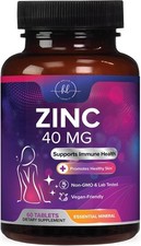 Zinc Supplement 40mg 60 Tablets Immune Skin Health Antioxidant Non-GMO Adults