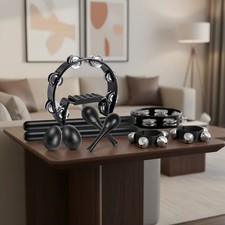 10-Piece Black Tambourine Set: Half Moon Tambourine, Rhythm Sticks, Maracas