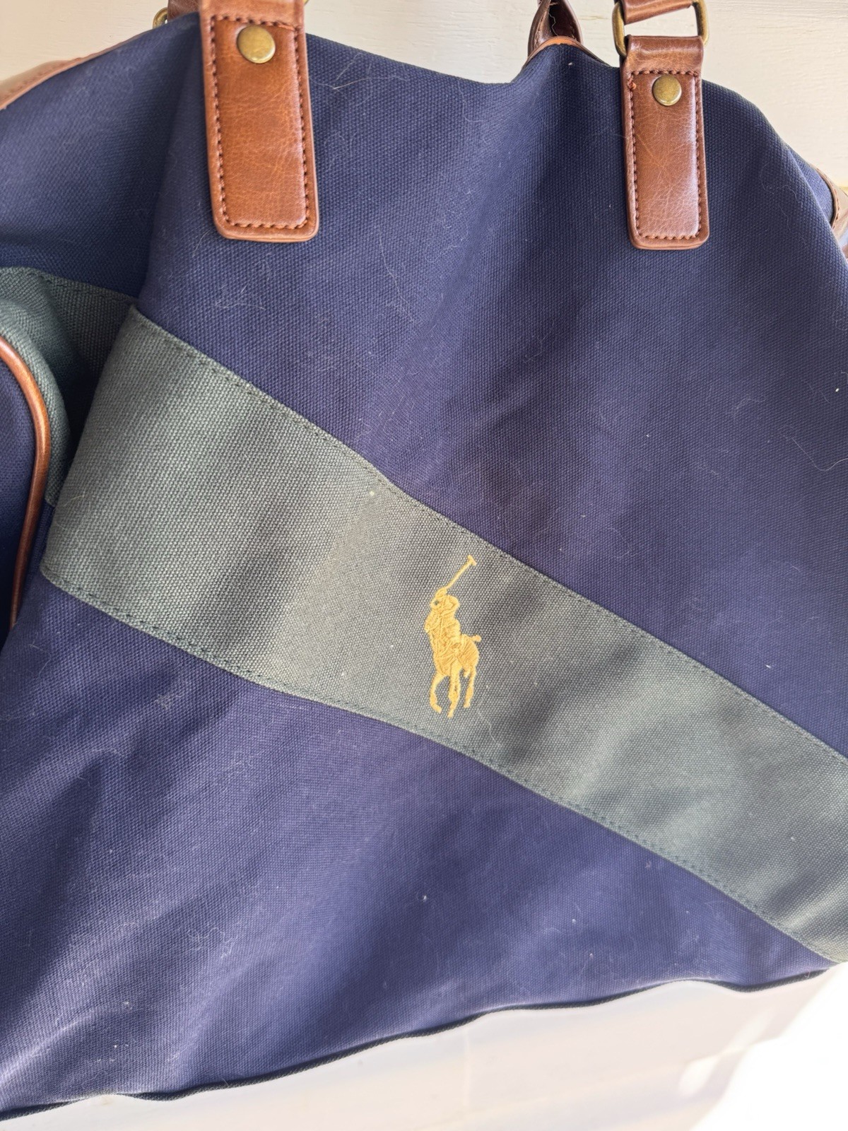 PONY Borsone da viaggio in tela blu verde profumo Polo Ralph Lauren vintage nuovo con etichette