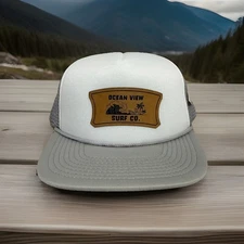 OCEAN VIEW Surf Co. Decky Foam Trucker Hat Leather Patch SnapBack Gray Retro NEW