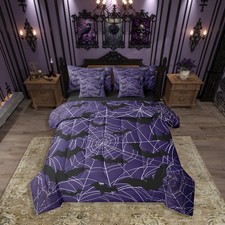 Happy Halloween 7 Pcs Bedding Set King Size,Spider Web Bats Bed in a Bag,Purp...