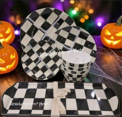 18pc Halloween Checkered Melamine Dinnerware Plates Bowls Serving Platter