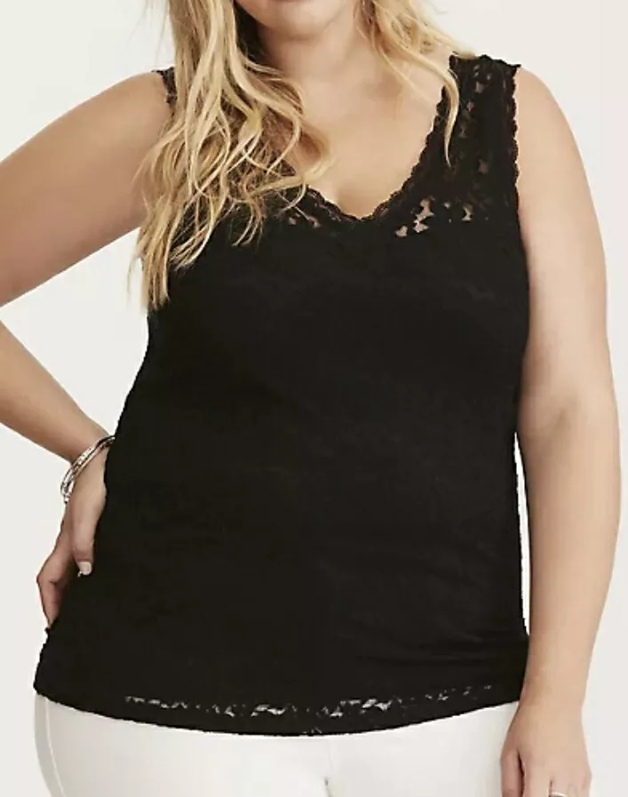 TORRID 2 2X 18 20 Black Lace Fitted V Neck Tank Top Dressy Stretchy NWT