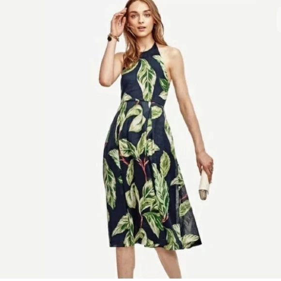 ANN TAYLOR BLUE GREEN FLORAL TROPICAL HALTER PLEATED DRESS SIZE 4P NWT 130