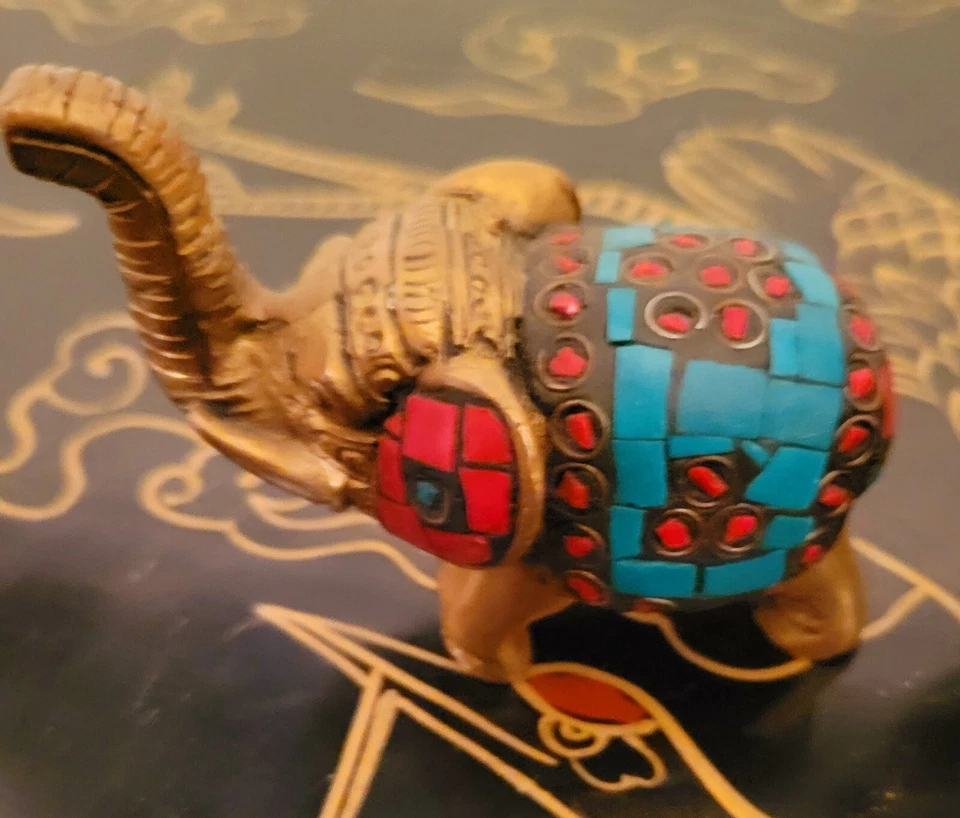 古董黄铜大象雕像一对雕像宝石绿松石珊瑚 19 世纪 HTF — 第 4/4 张图片