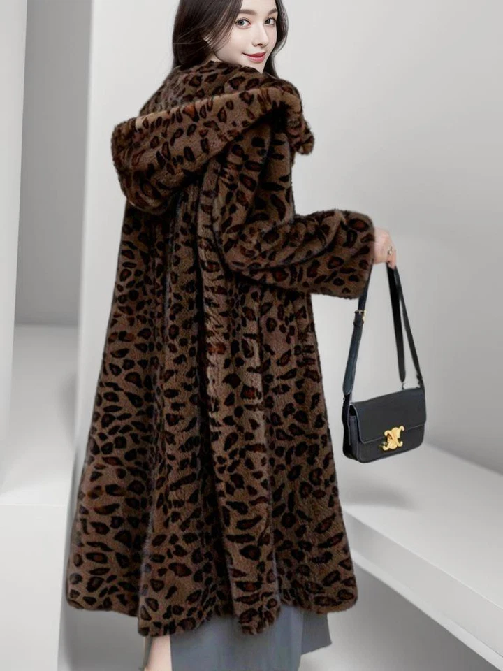 Women's Mink Fur Jacket Winter Hooded Long Fur Coat Leopard Velvet Temperament - Image 3 of 4