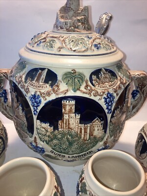 Gerz German Rumtopf Castle Stoneware Punch bowl Tureen Set w/ 4