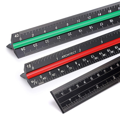 Ownmy 3 Pack 12 Inch Solid Aluminum Triangular Architect Scale Ruler Set, 3-Colo
