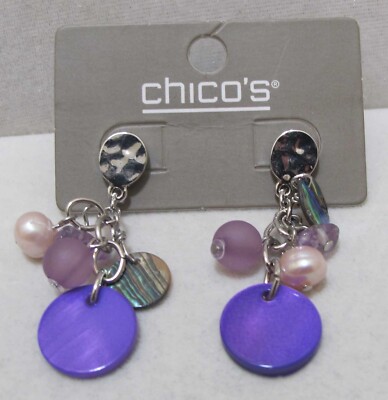 CHICO S Hammered Silver Tone Purple Disk MOP Pearl Cluster Dangle Earrings NOC