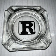 VTG Heavy Clear Glass Square Ashtray Monogram R Logo 3 5/8”