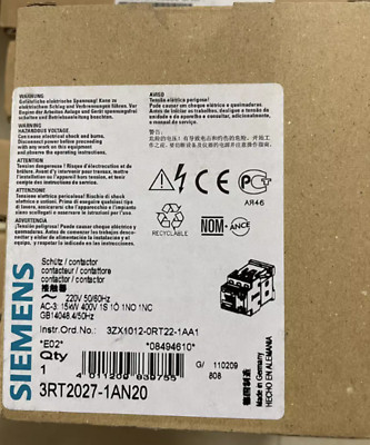 NEW Siemens Magnetic Contactor 3RT2027-1AN20 220V 3A 2a2b