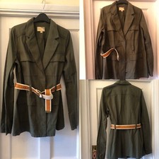 New Elizabeth & James Green Safari Style Cotton Jacket & Leather Trim Belt,l
