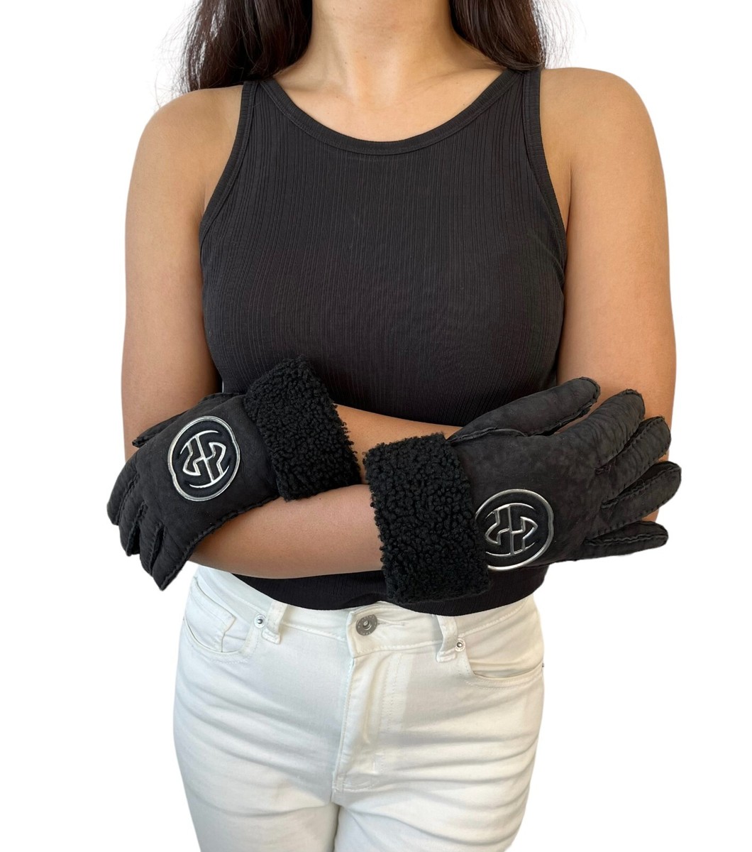 GUCCI Vintage GG Interlocking Logo Gloves #7.5 Black Silver