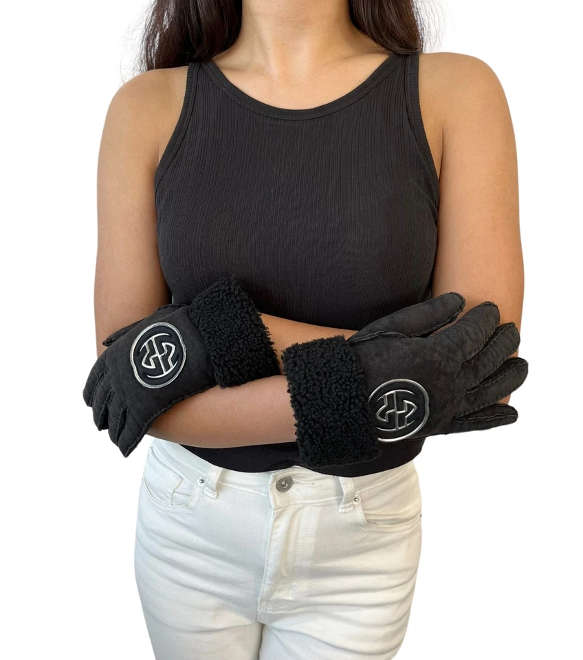 Guantes GUCCI Vintage GG Logotipo Entrelazado #7.5 Negro Plata Cuero RankAB Foto 3 de 4