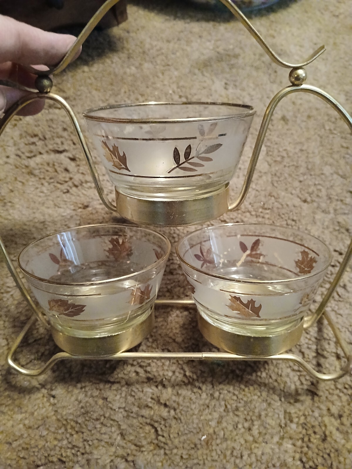 Vintage Libbey Snack-Rack 3 Bowl Server Set ~ Golden Foliage