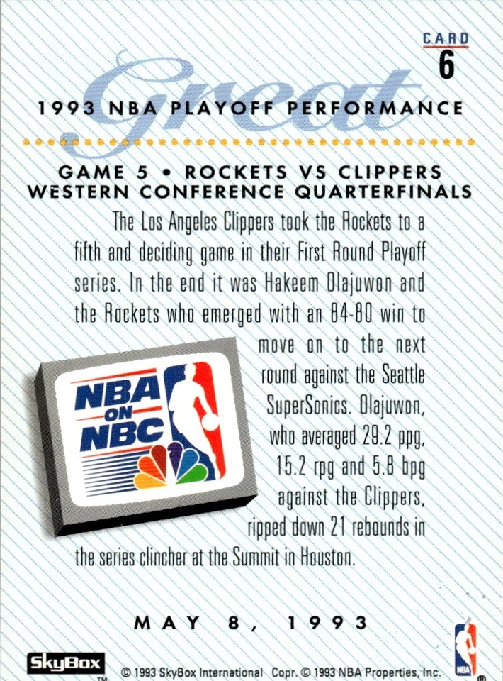 1993-94 SkyBox Basketball Card Hakeem Olajuwon Houston Rockets #6 - Image 2 of 2