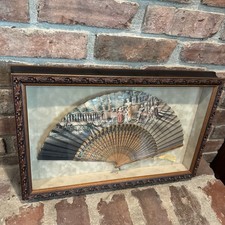 Antique 19th C French Mother of Pearl Look Hand Fan Ornate Framed In Shadow Box