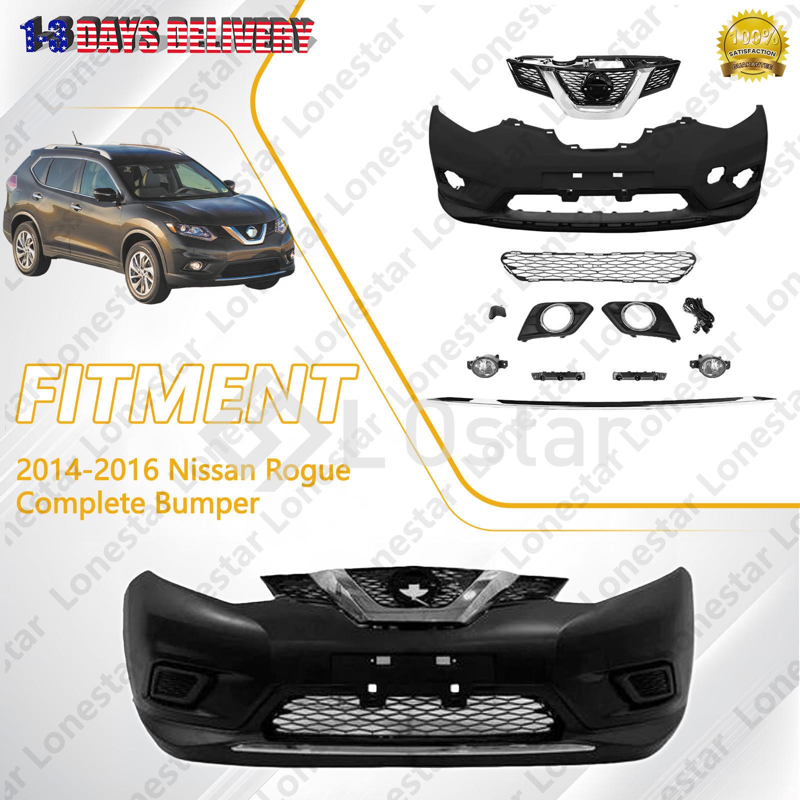 Complete Front Bumper Upper & Lower Grille Set For 2014 2015 2016 Nissan Rogue
