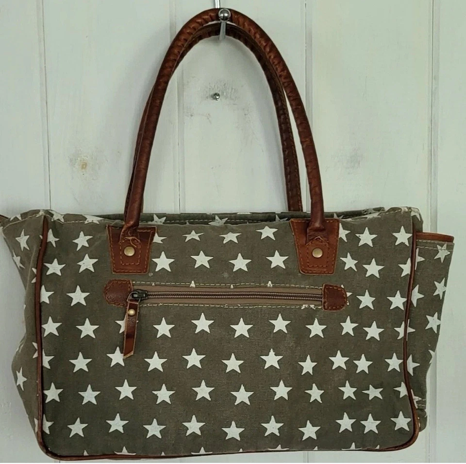 Myra Bag Canvas Army Green Cotton Tote Bag Freedom Of Stars Purse S-1048 VGC - Image 4 of 4