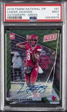 2018 PANINI NATIONAL VIP AUTO-GREEN #87 LAMAR JACKSON 5/5 PSA 9