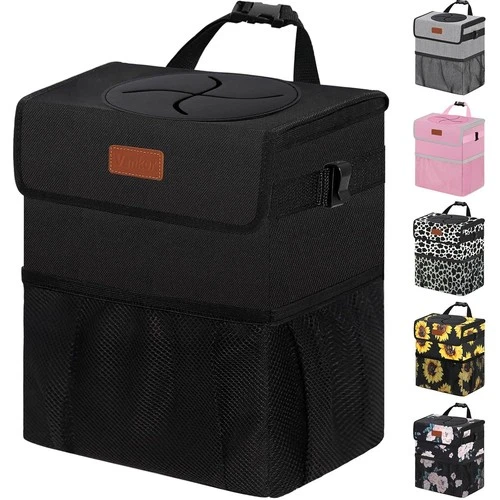 Bote de basura para auto con tapa, colgante trasero, a prueba de fugas, negro