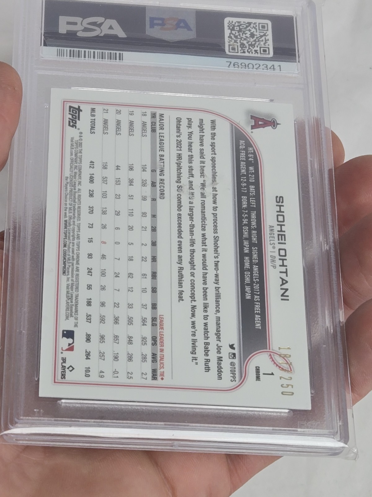 SHOHEI OHTANI PSA 10 2022 TOPPS CHROME #1 PURPLE REFRACTOR 187/250 ANGELS view 8