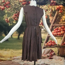 Vintage 1950s Brown Patterned Sleeveles Dress Button Front Gingham Dark Academia