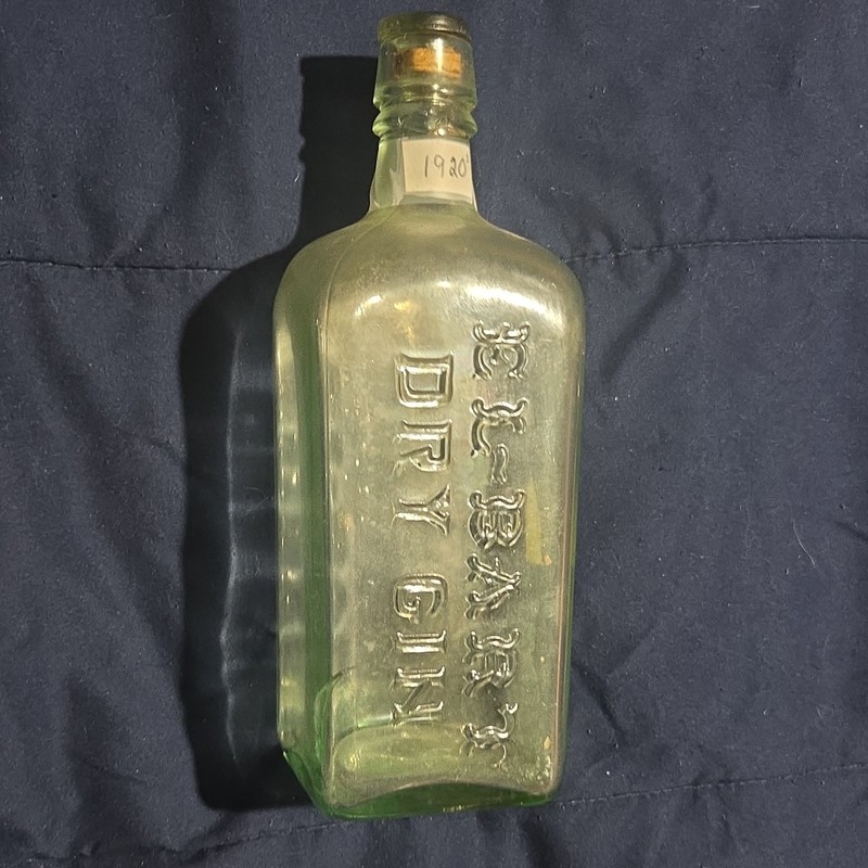 El-Bart Dry Gin Embossed Clear Glass 1920s Liquor Bottle w/ Stopper